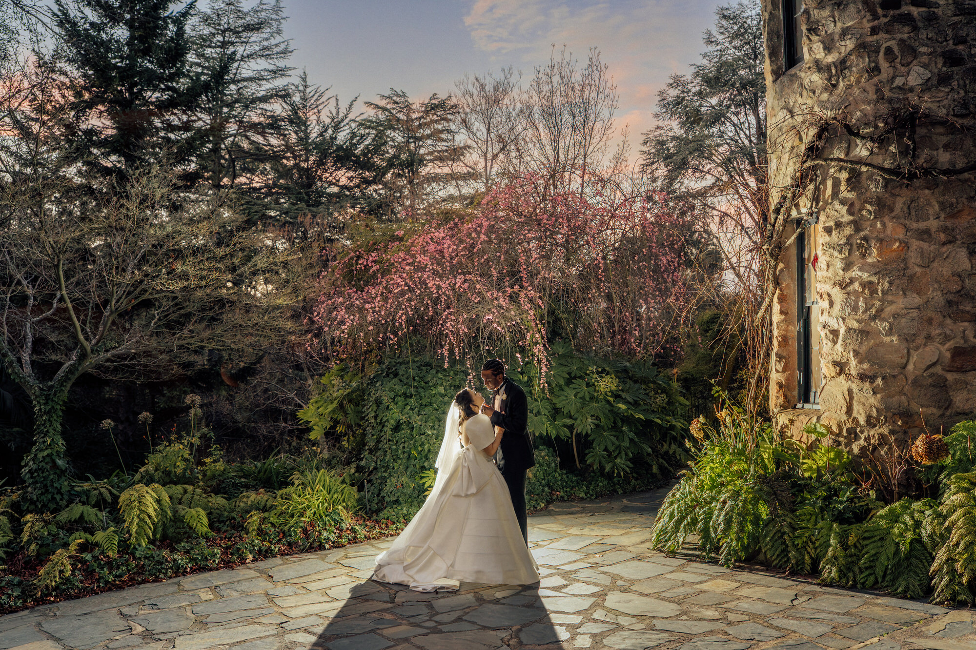 Bride Karen and groom George standing under a pink blossom tree at dusk in the gardens of The Manor Basket Range.
